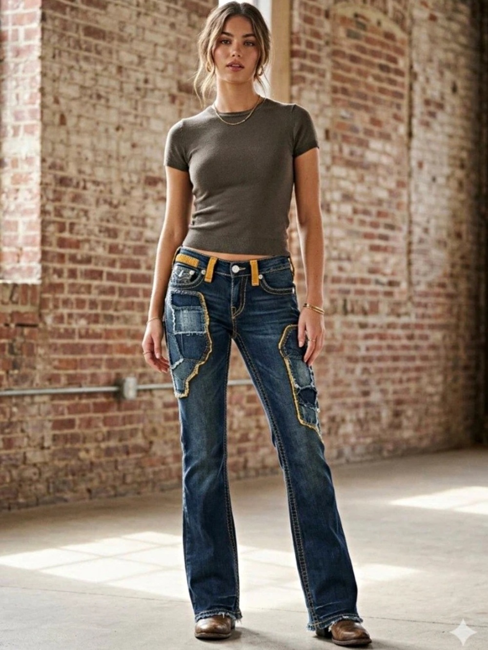 Hand Crafted Blue by RedHawk Designs w/Orange Deerskin Lace  Flare Jeans size 25